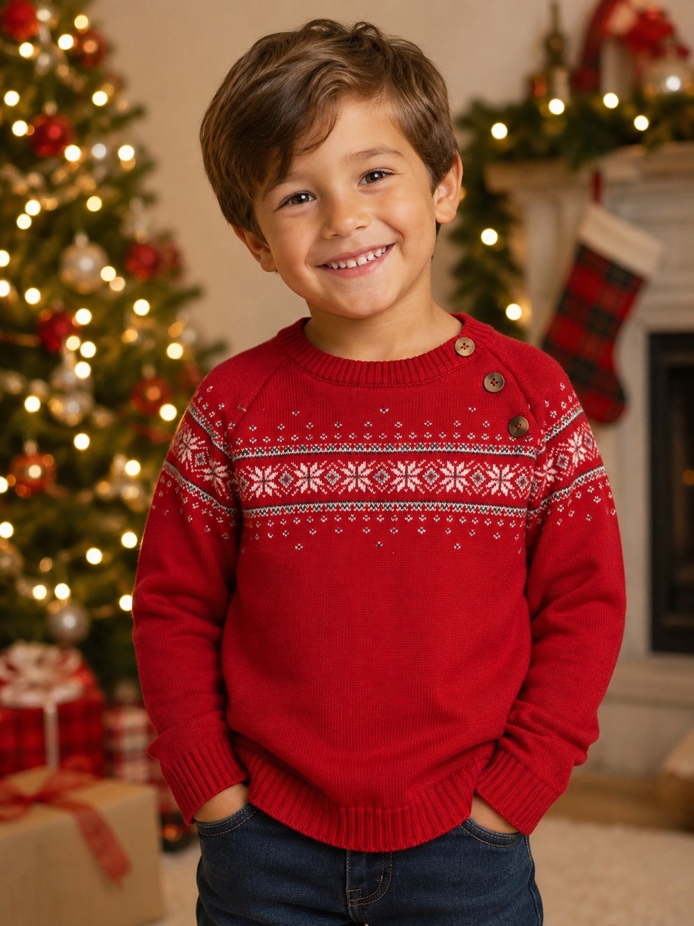 Edgehill Collection Red Fair Isle Button Shoulder Sweater